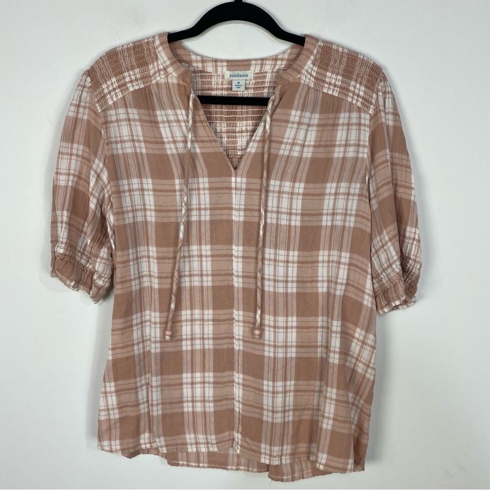 Sundance 100% Cotton Pink & White Plaid Gauze Short Sleeve Summer Top